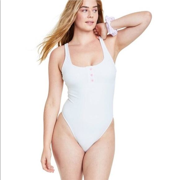 Stoney Clover Lane x Target White Ribbed One Piece Swimsuit Heart Henley 18W - Picture 1 of 6